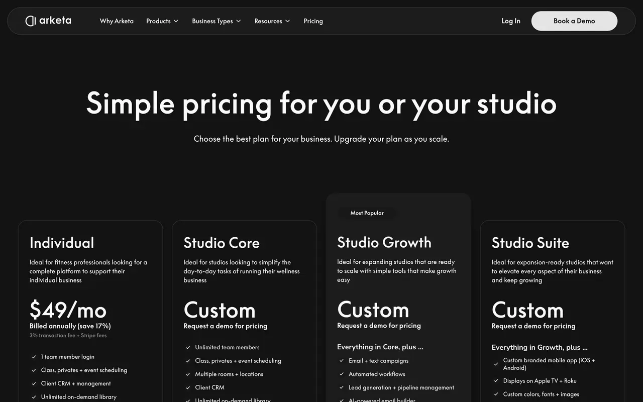 Arketa pricing page - Healthcare & Wellness SaaS pricing tiers and plans