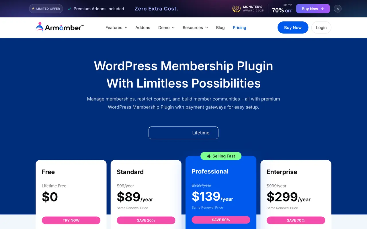 ARMember pricing page - WordPress SaaS pricing tiers and plans
