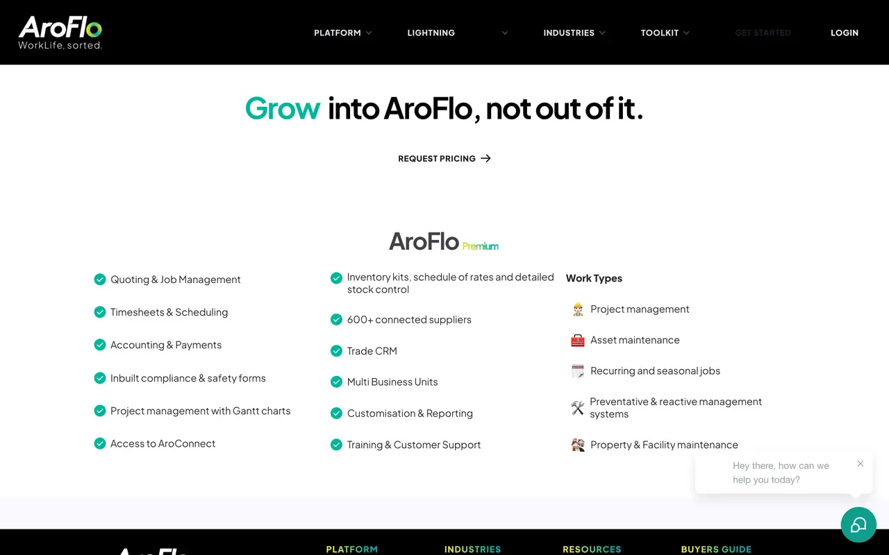 AroFlo pricing page - Project Management SaaS pricing tiers and plans