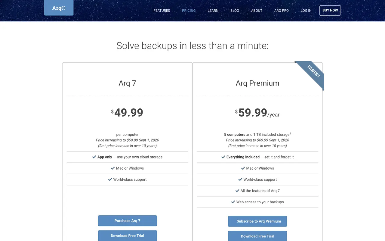 Arq pricing page - Backup SaaS pricing tiers and plans