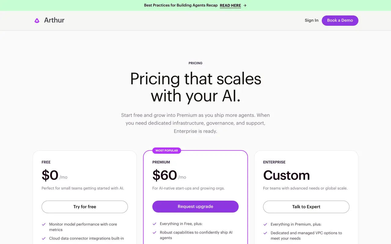 Arthur pricing page - Finance & Accounting SaaS pricing tiers and plans