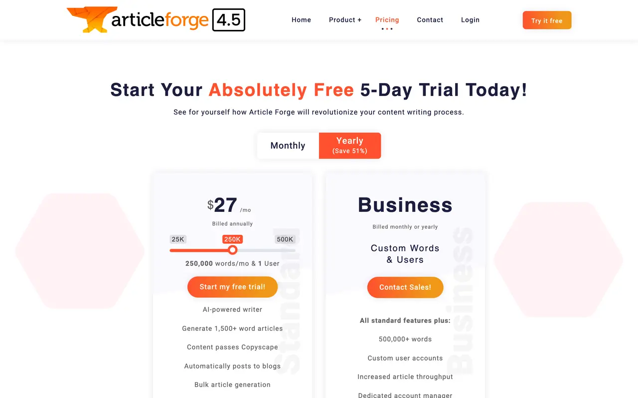 Article Forge pricing page - AI Writing & Content SaaS pricing tiers and plans