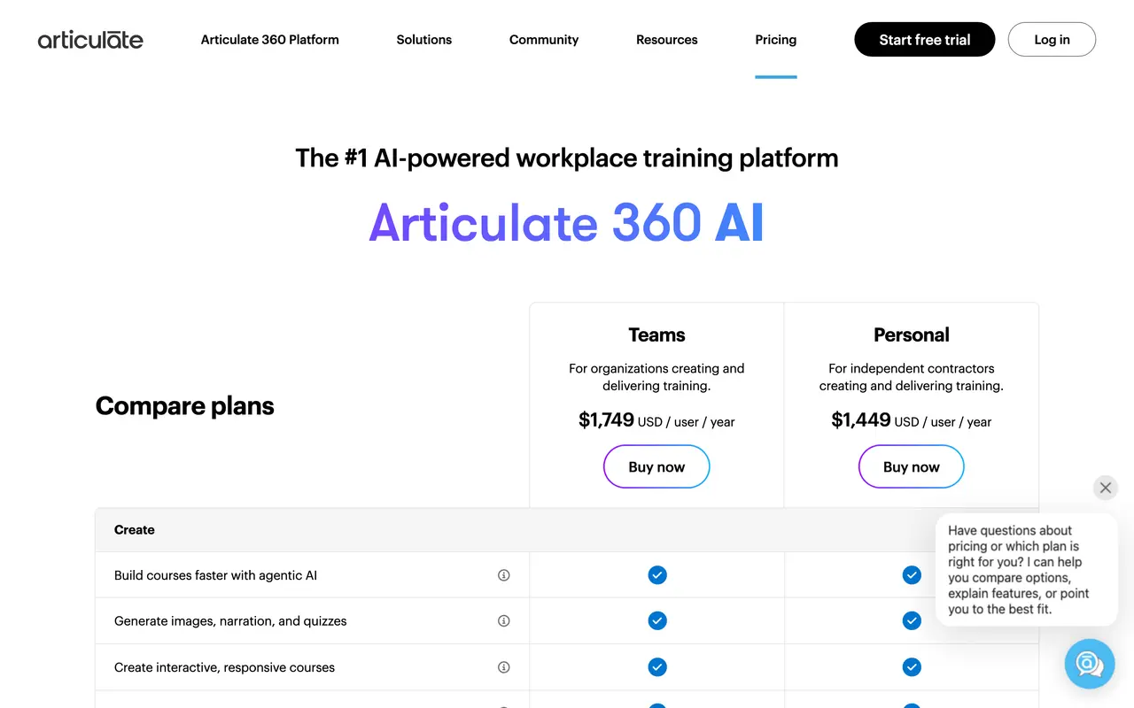 Articulate pricing page - Education SaaS pricing tiers and plans