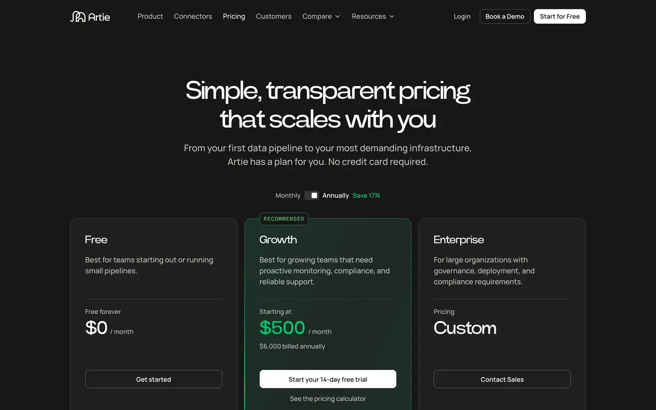 Artie pricing page - Supply Chain & Logistics SaaS pricing tiers and plans