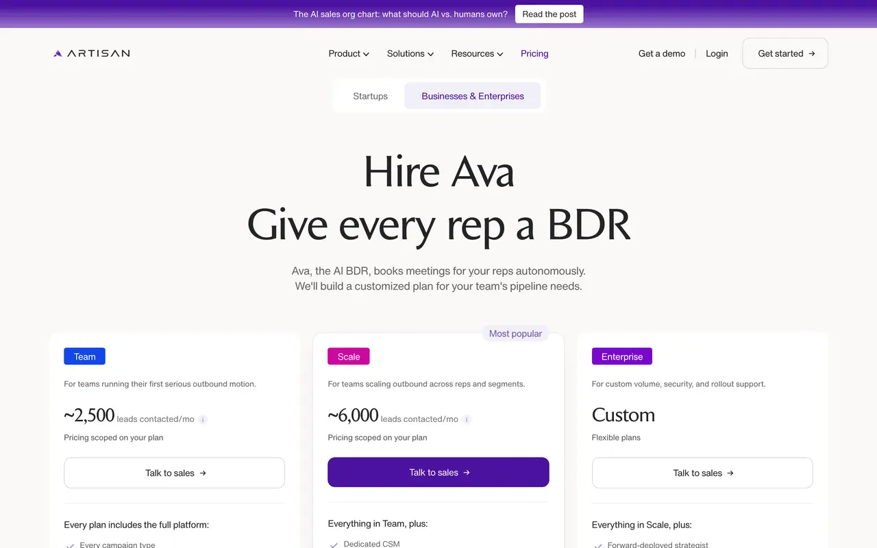 Artisan pricing page - AI Sales & Marketing SaaS pricing tiers and plans