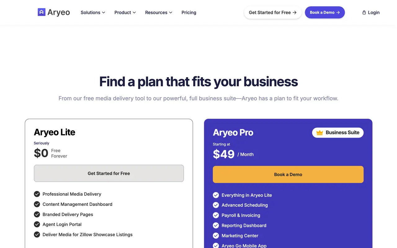 Aryeo pricing page - Real Estate SaaS pricing tiers and plans