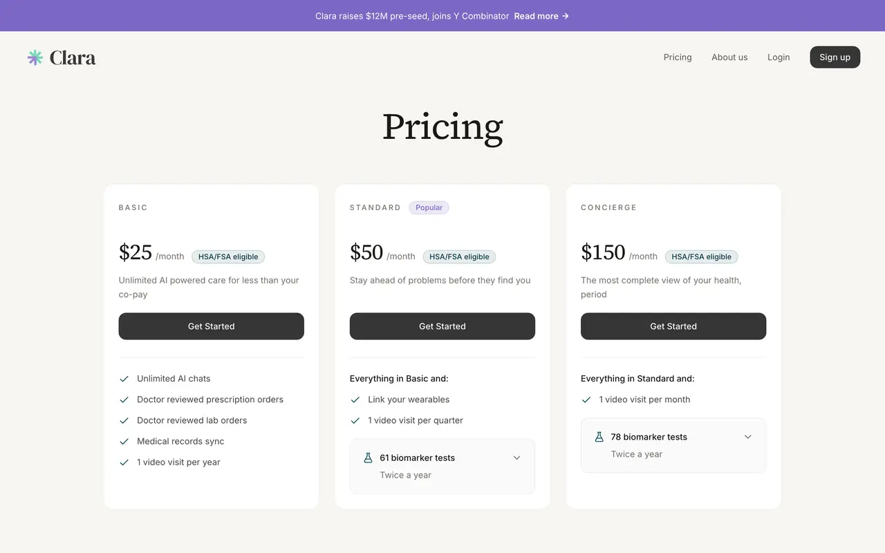 Askclara pricing page - Healthcare & Wellness SaaS pricing tiers and plans