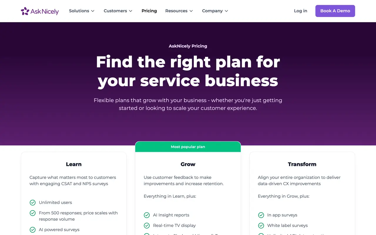 AskNicely pricing page - Survey & Forms SaaS pricing tiers and plans