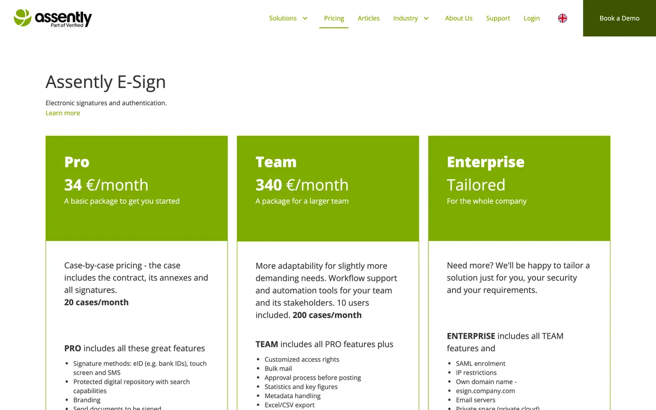 Assently pricing page - E-Signature SaaS pricing tiers and plans