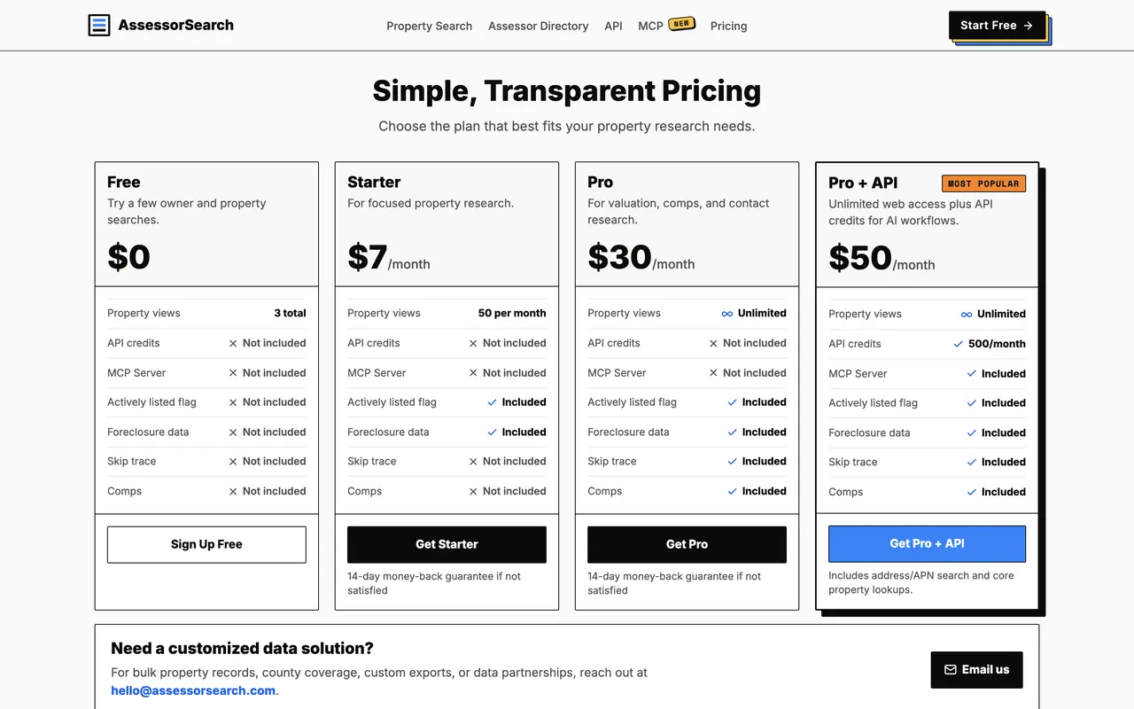 AssessorSearch pricing page - Accounting & Tax SaaS pricing tiers and plans