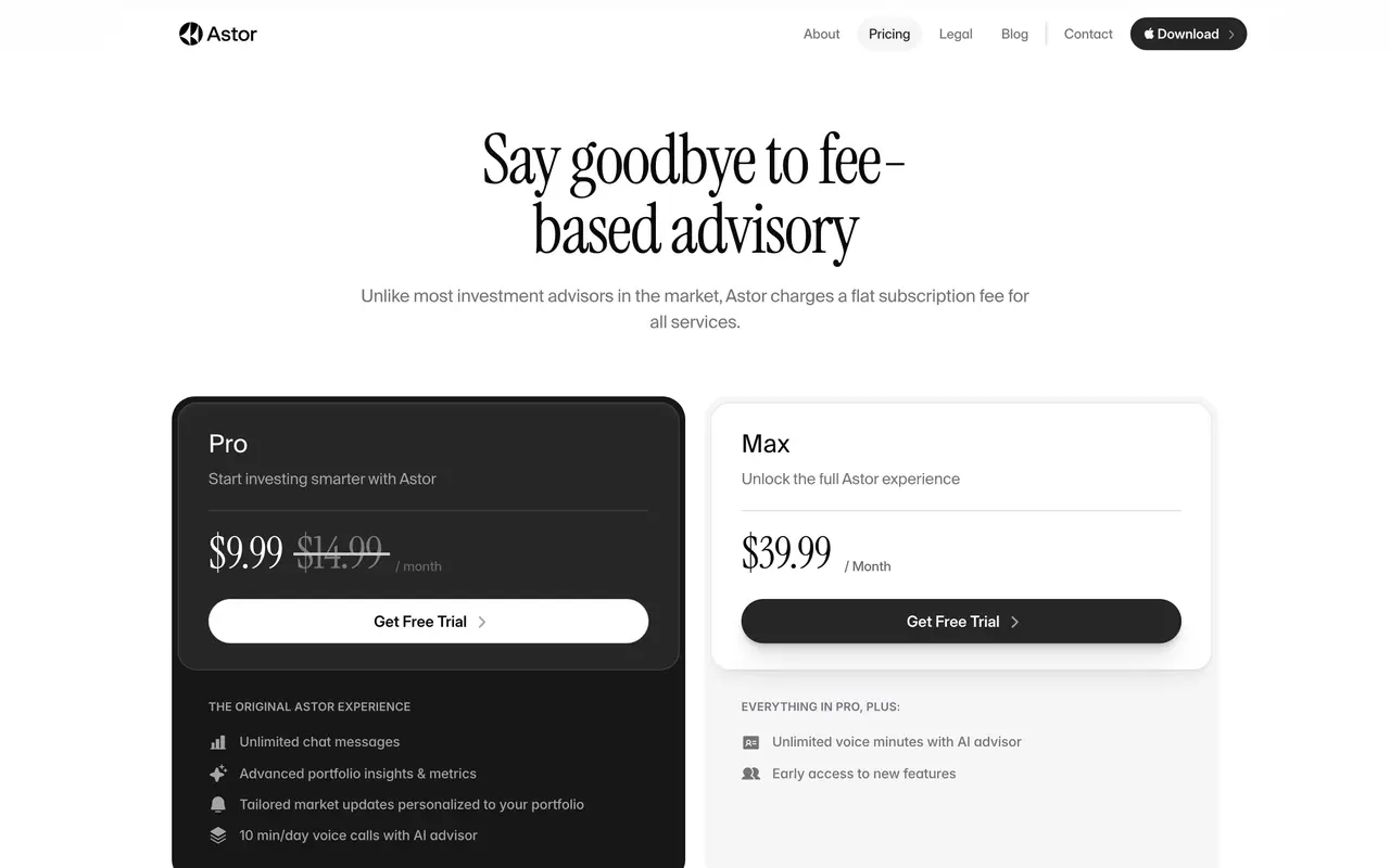 Astor pricing page - Payment & Fintech SaaS pricing tiers and plans