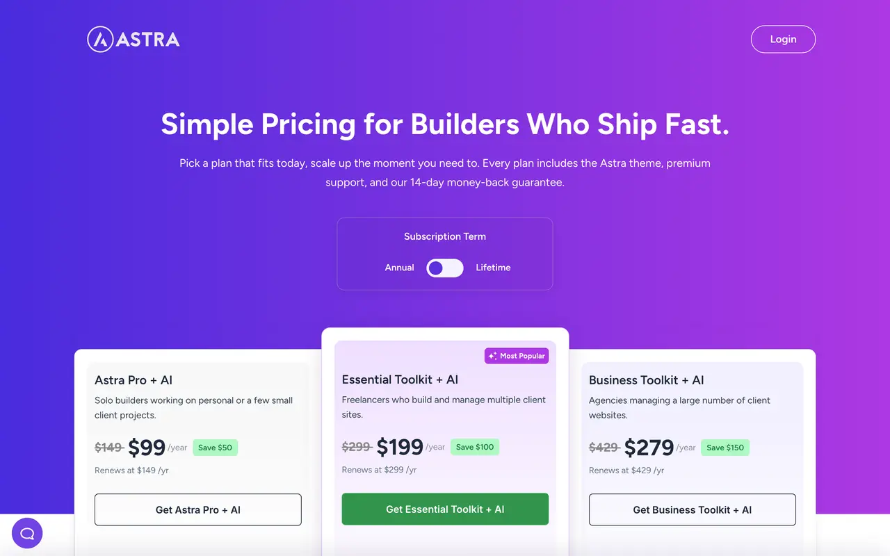 Astra pricing page - Website & CMS SaaS pricing tiers and plans