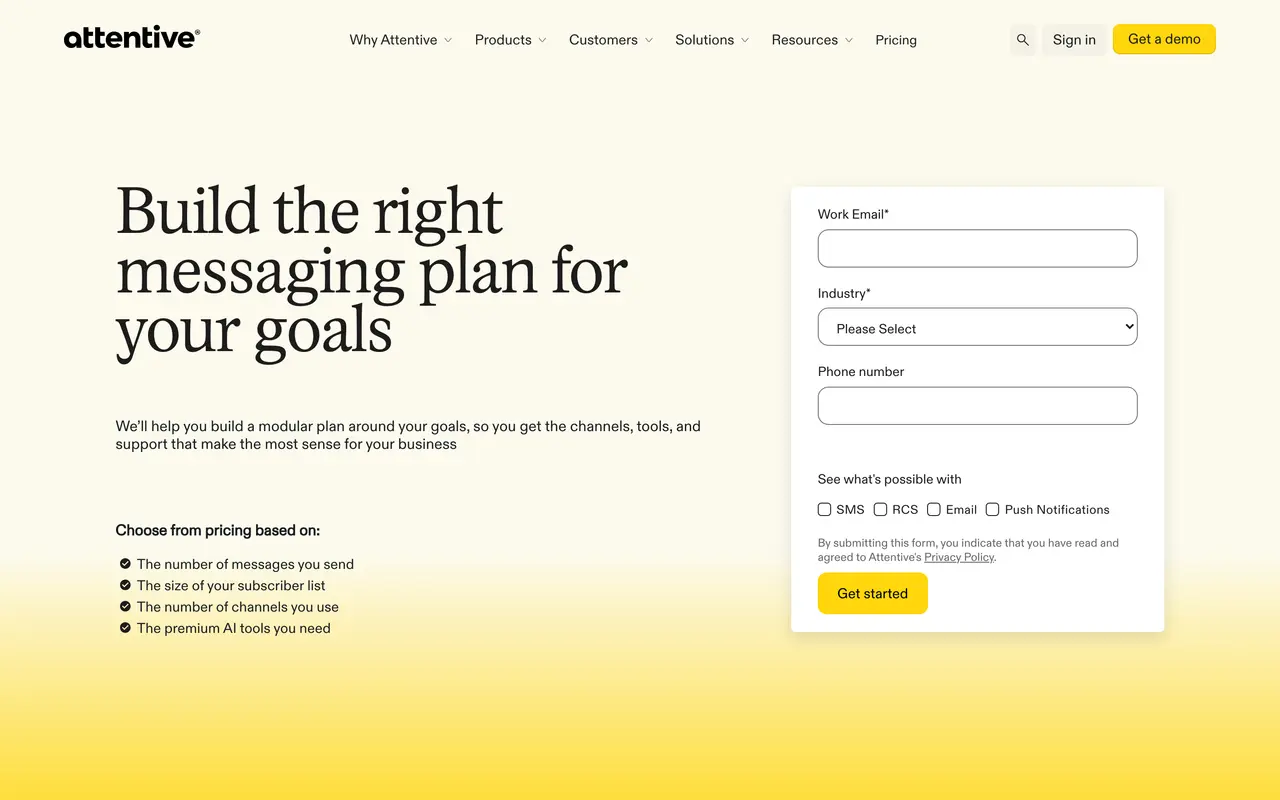 Attentive pricing page - Marketing SaaS pricing tiers and plans