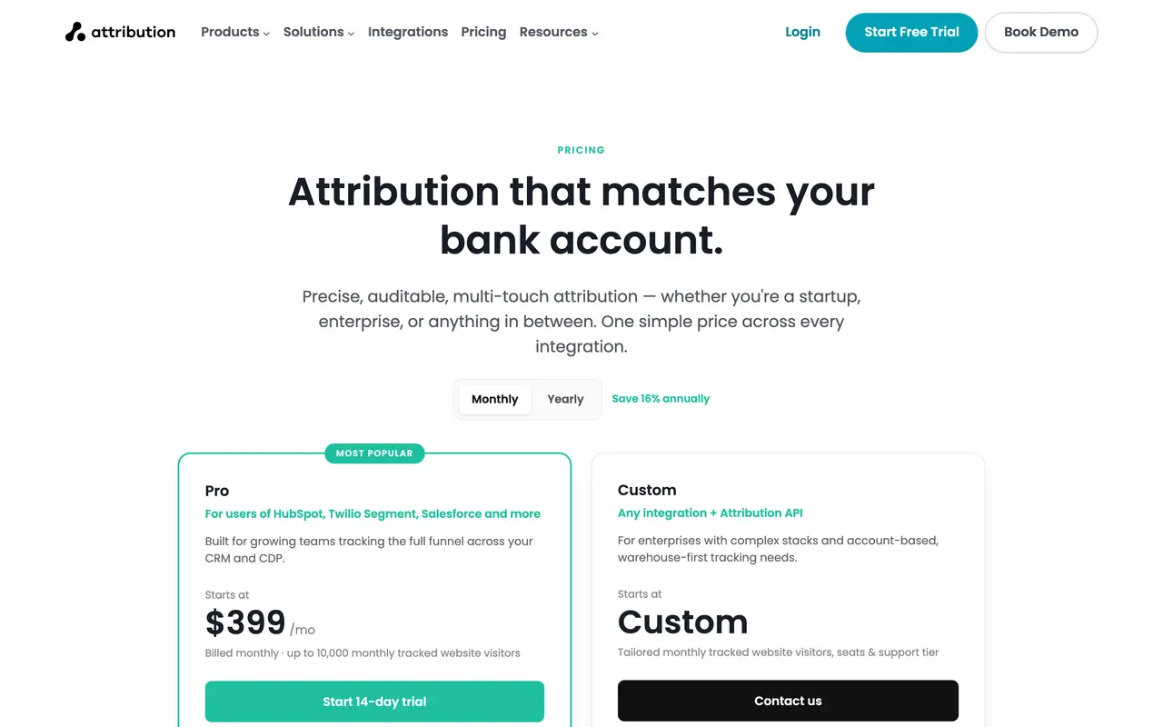 Attribution pricing page - Attribution SaaS pricing tiers and plans