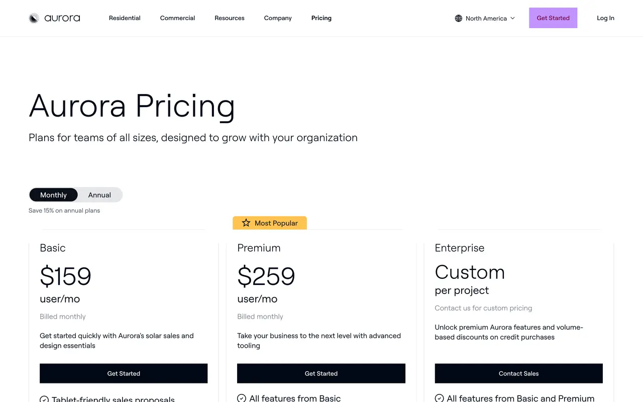 Aurora Solar pricing page - Solar SaaS pricing tiers and plans