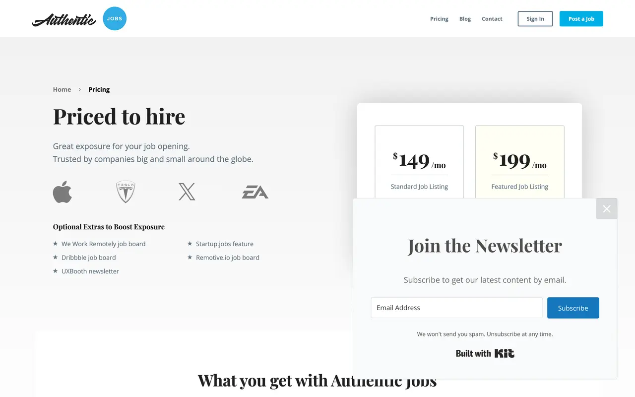 Authentic Jobs pricing page - Marketing SaaS pricing tiers and plans