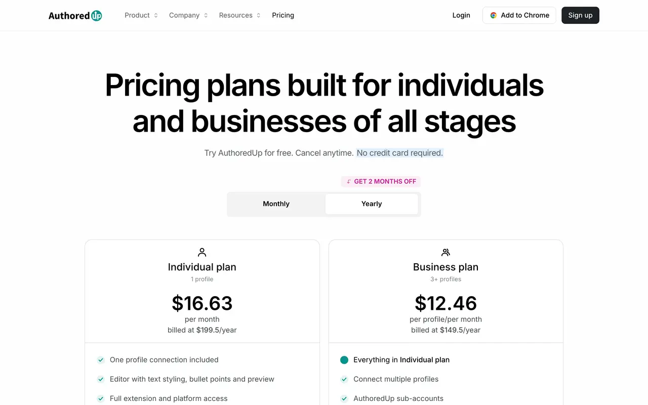 AuthoredUp pricing page - Chrome Extension SaaS pricing tiers and plans
