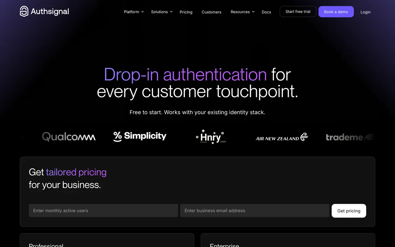 Authsignal: Banking use case demo pricing page - Payment & Fintech SaaS pricing tiers and plans