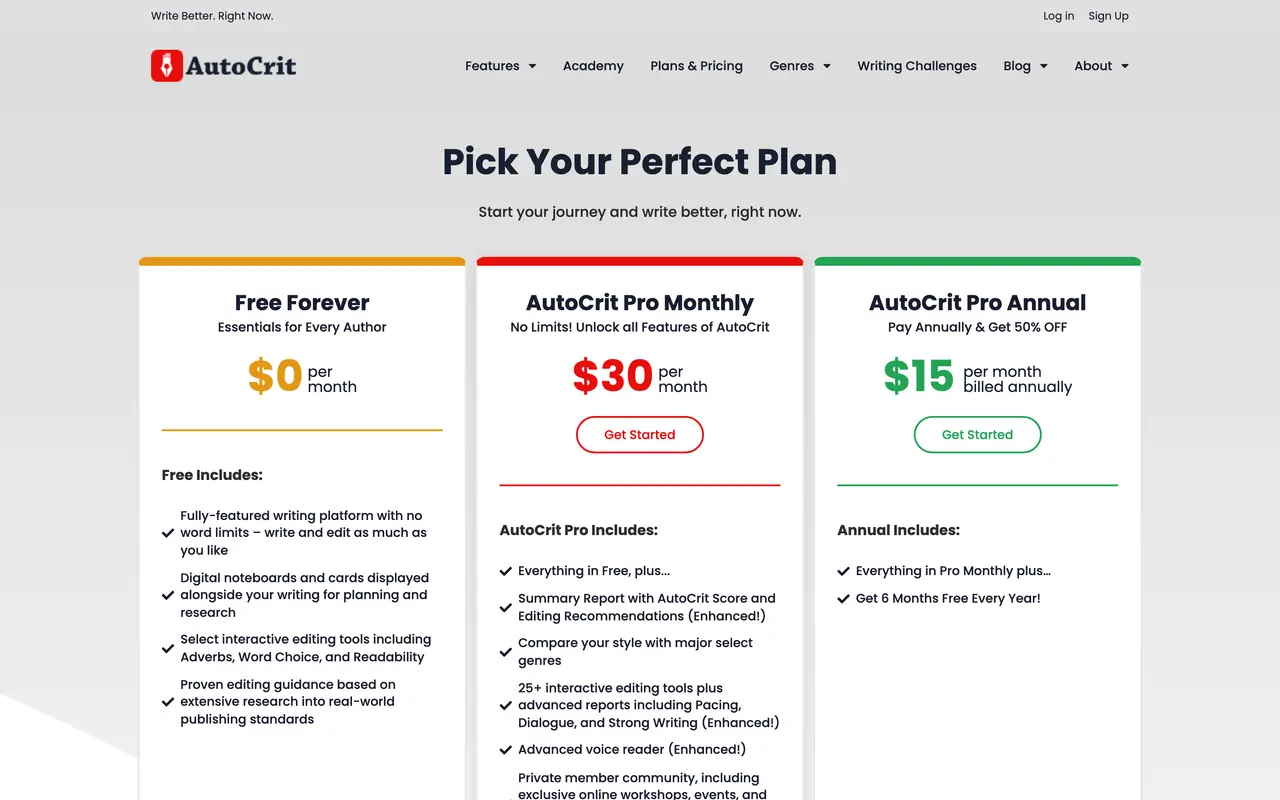 AutoCrit pricing page - AI Writing & Content SaaS pricing tiers and plans