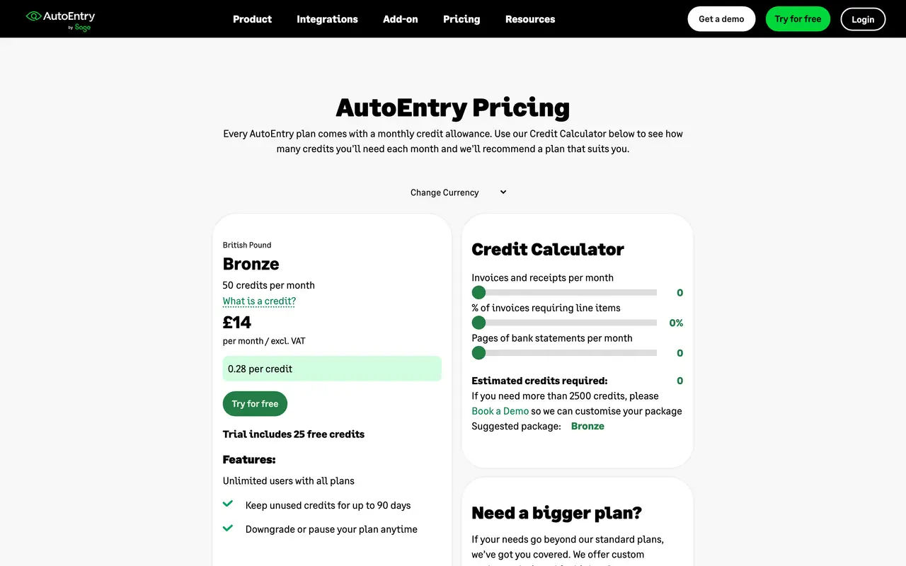 AutoEntry pricing page - Fintech SaaS pricing tiers and plans
