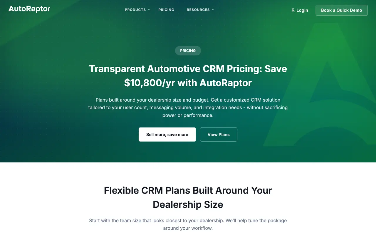 AutoRaptor pricing page - Auto Dealers SaaS pricing tiers and plans