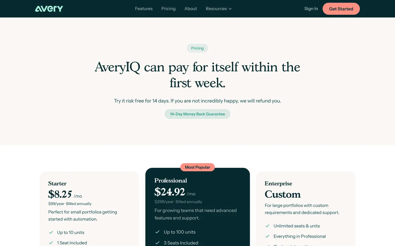 AveryIQ pricing page - AI Real Estate SaaS pricing tiers and plans