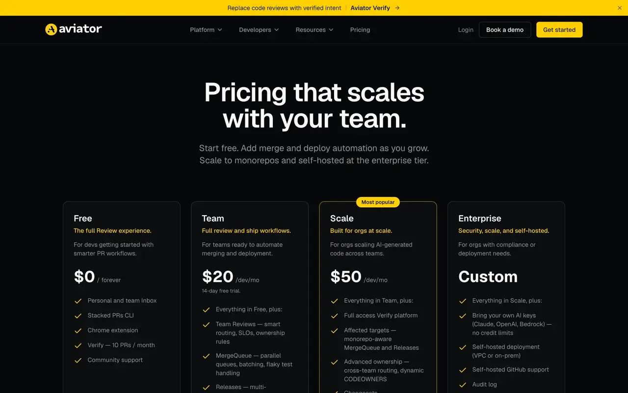 Aviator pricing page - DevOps & CI/CD SaaS pricing tiers and plans