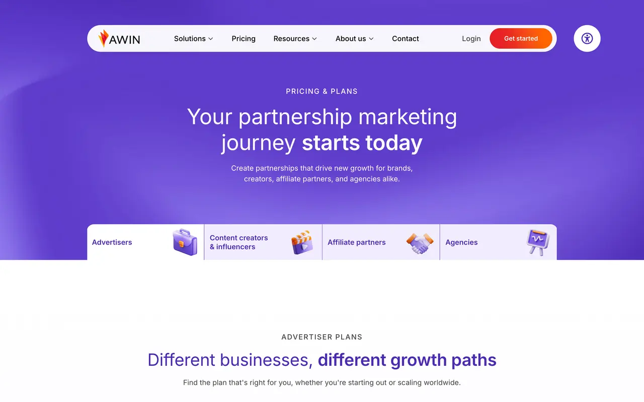 Awin pricing page - Marketing SaaS pricing tiers and plans