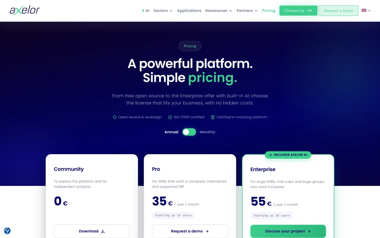 Axelor pricing page - ERP SaaS pricing tiers and plans