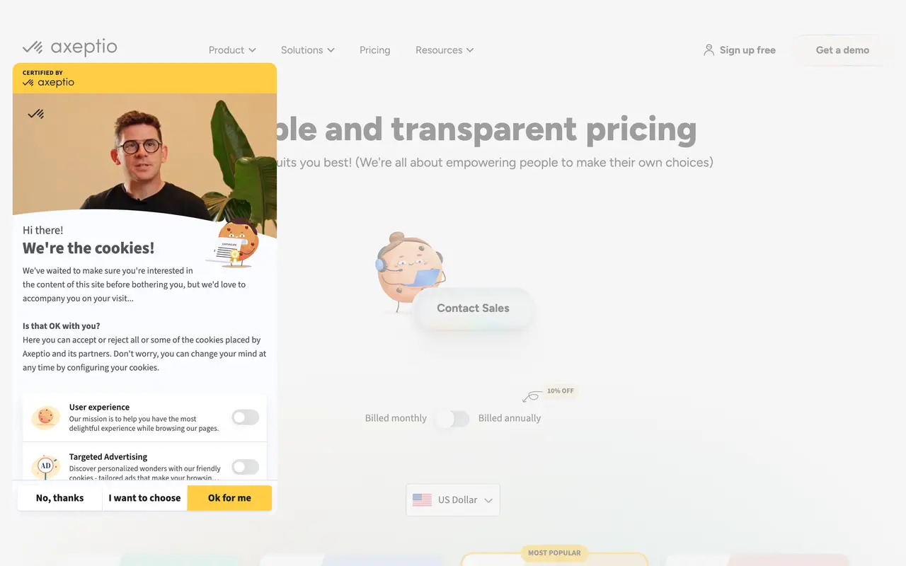 Axeptio pricing page - Privacy SaaS pricing tiers and plans