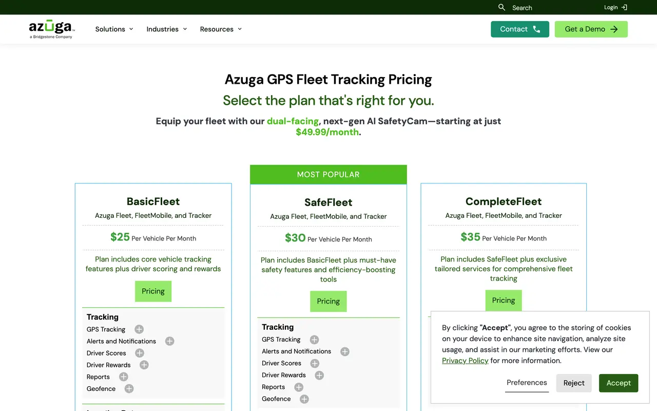 Azuga pricing page - Supply Chain & Logistics SaaS pricing tiers and plans