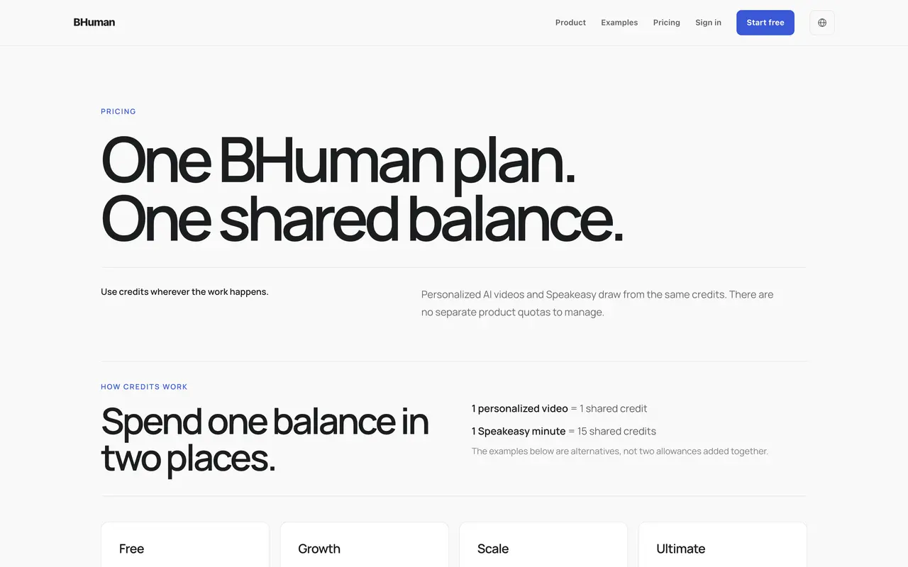 B-Human pricing page - Video & Streaming SaaS pricing tiers and plans