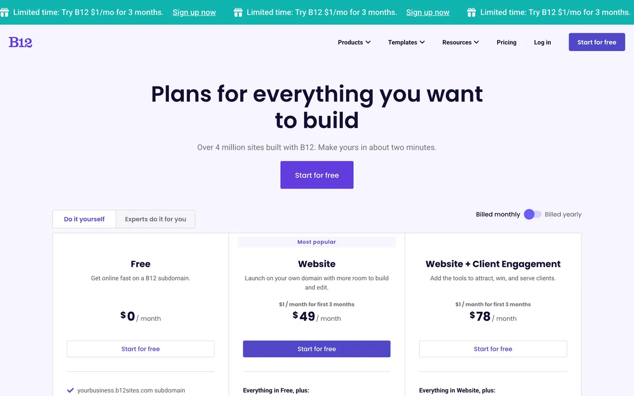 B12 pricing page - Design & Creative SaaS pricing tiers and plans