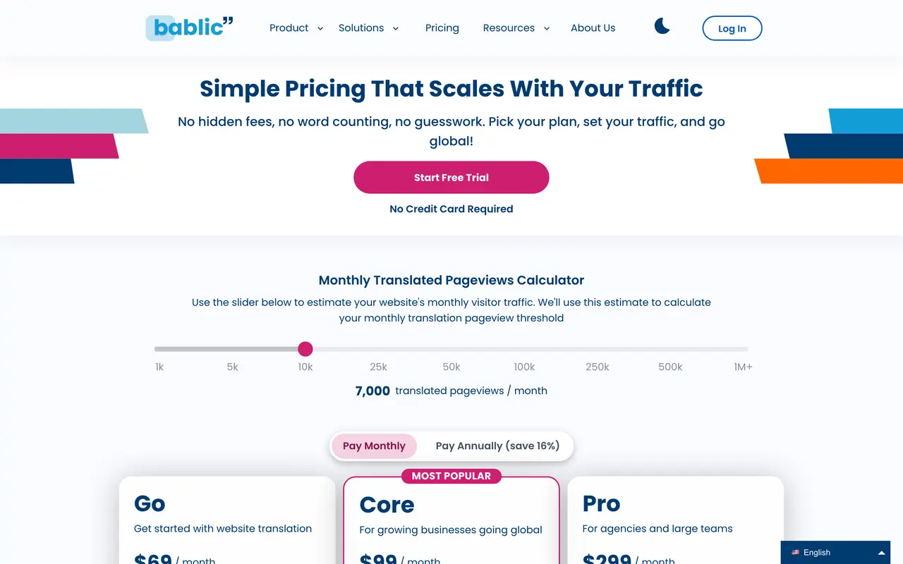 Bablic pricing page - Translation Widget SaaS pricing tiers and plans