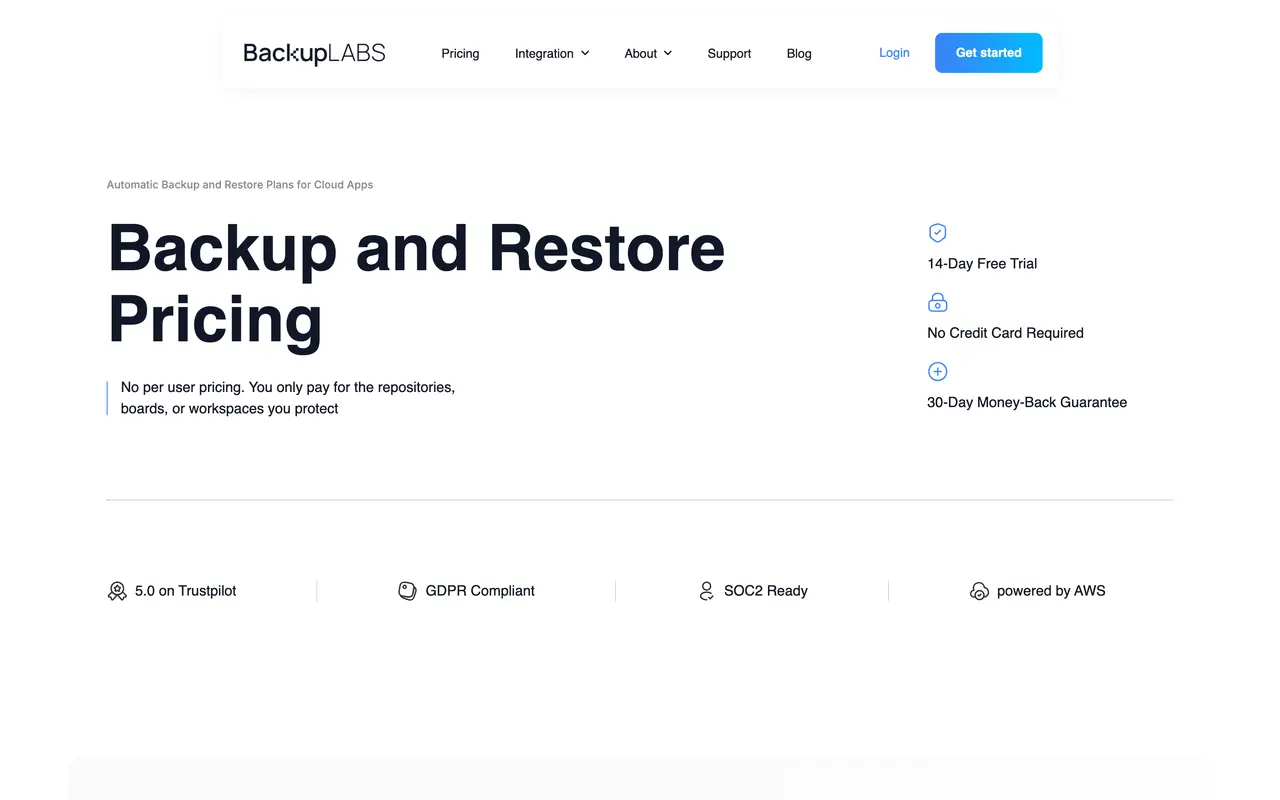 BackupLABS pricing page - Data SaaS pricing tiers and plans