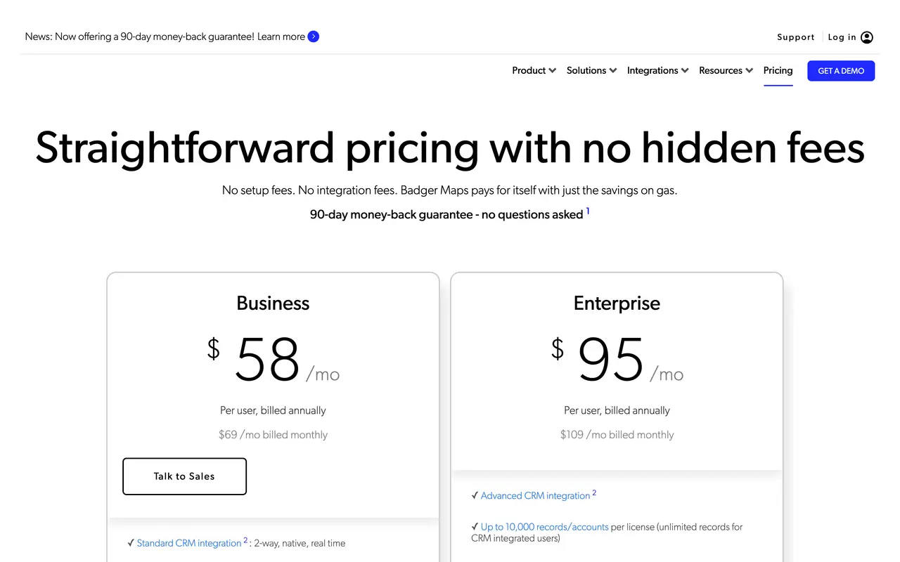Badger Maps pricing page - CRM & Sales SaaS pricing tiers and plans