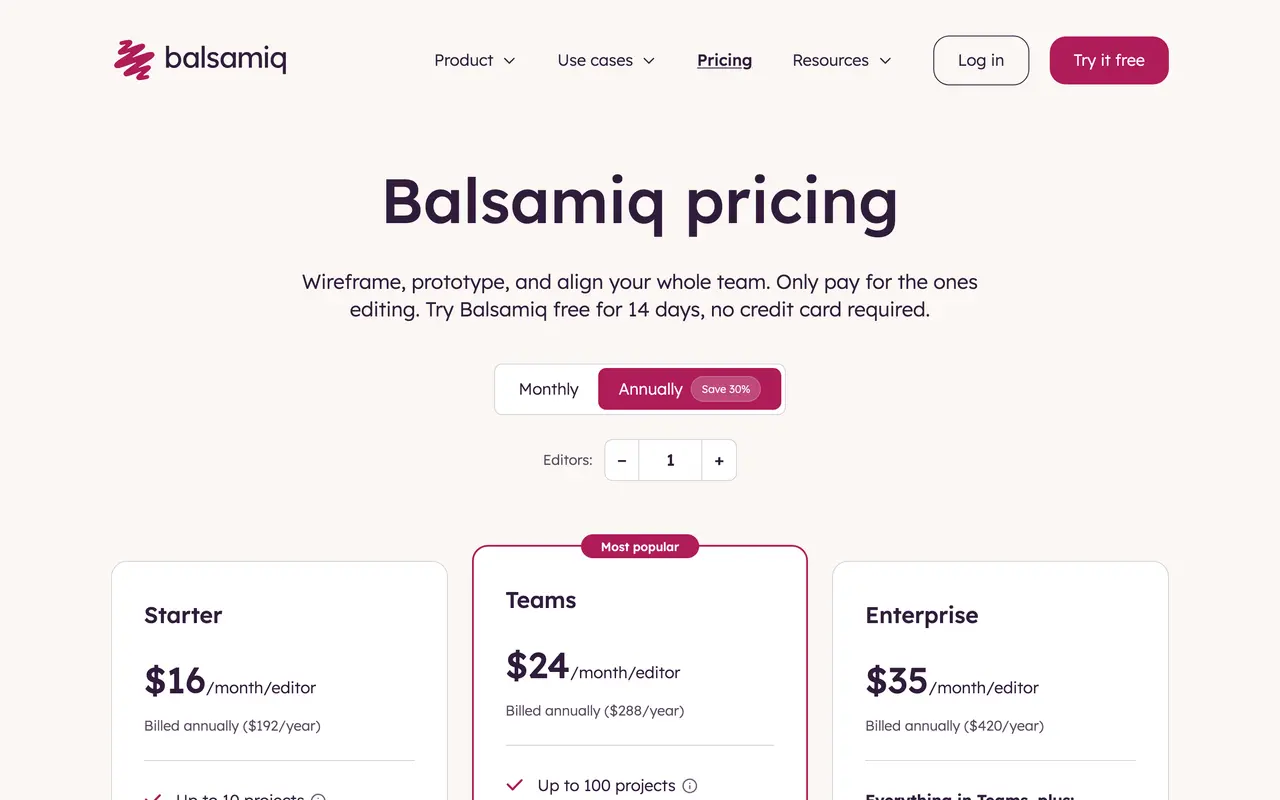 Balsamiq pricing page - Customer Support SaaS pricing tiers and plans