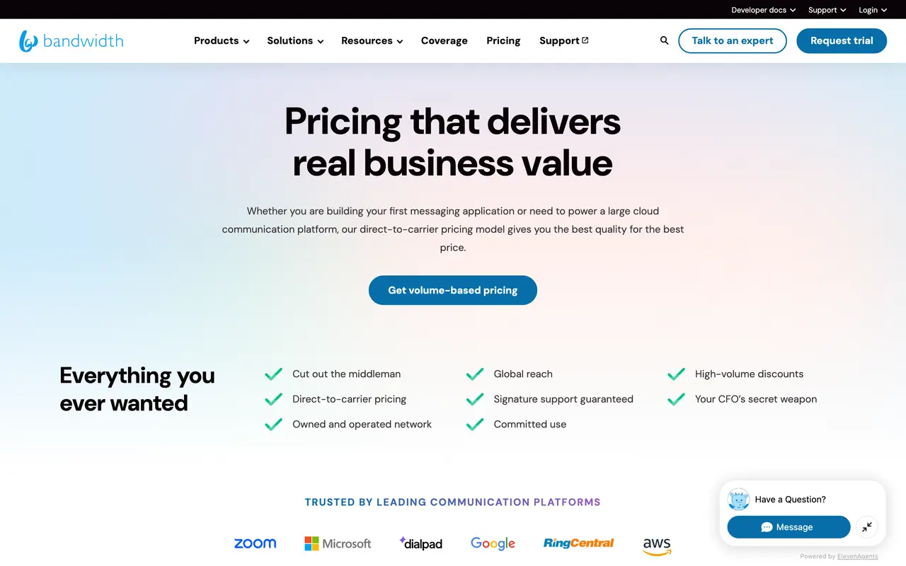 Bandwidth pricing page - Sales SaaS pricing tiers and plans