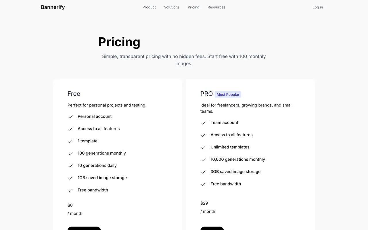 Bannerify pricing page - Testing & QA SaaS pricing tiers and plans