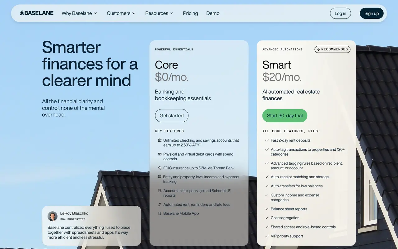 Baselane pricing page - Real Estate & PropTech SaaS pricing tiers and plans
