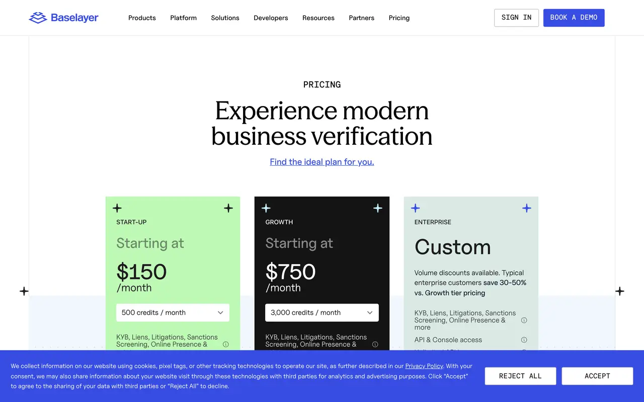 Baselayer pricing page - Legal & Compliance SaaS pricing tiers and plans