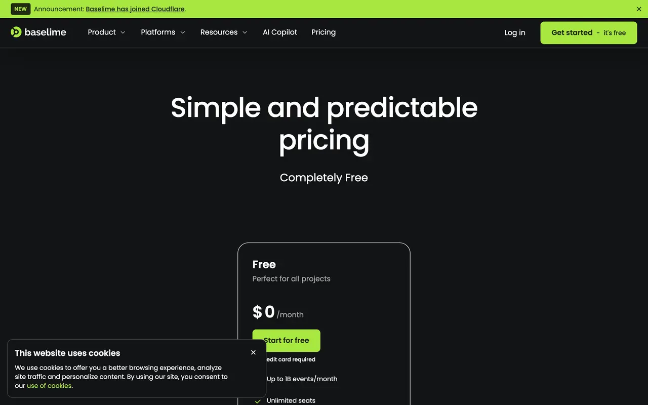 Baselime pricing page - Observability & Monitoring SaaS pricing tiers and plans
