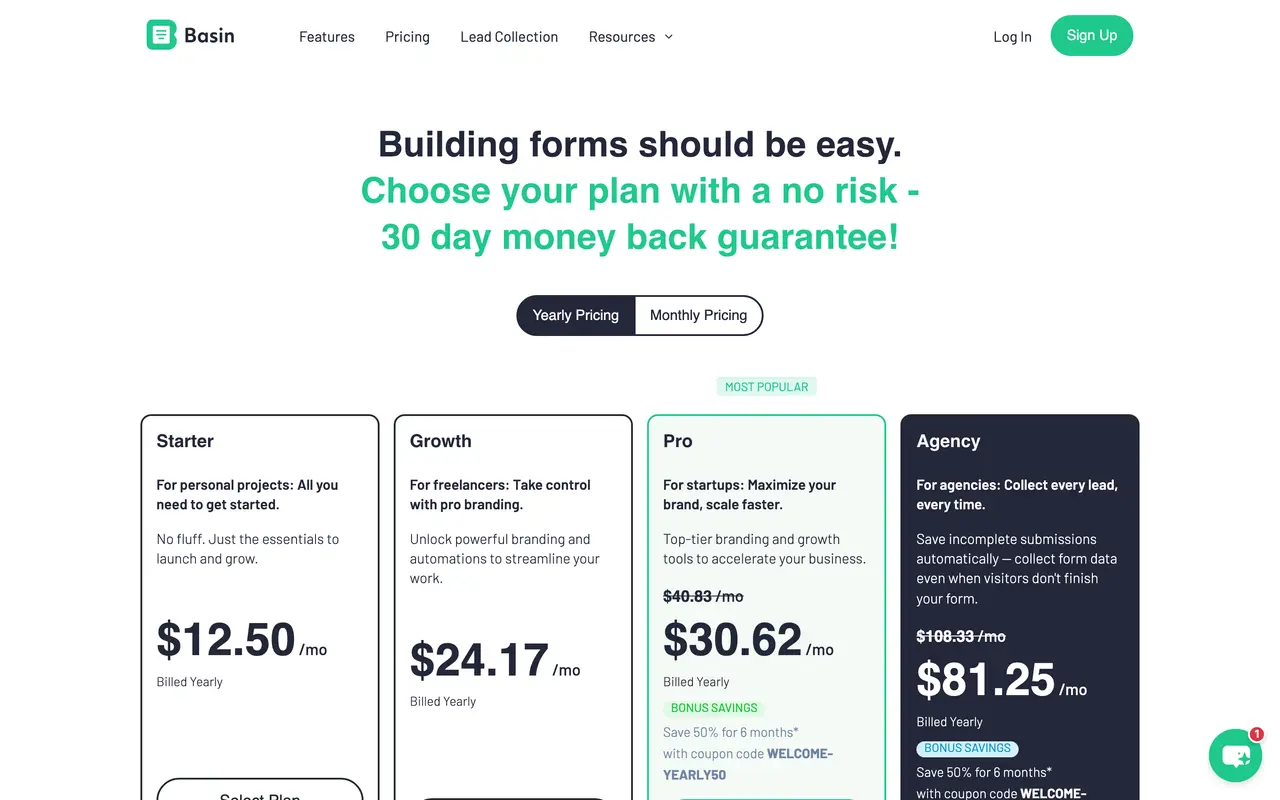 Basin pricing page - Forms SaaS pricing tiers and plans