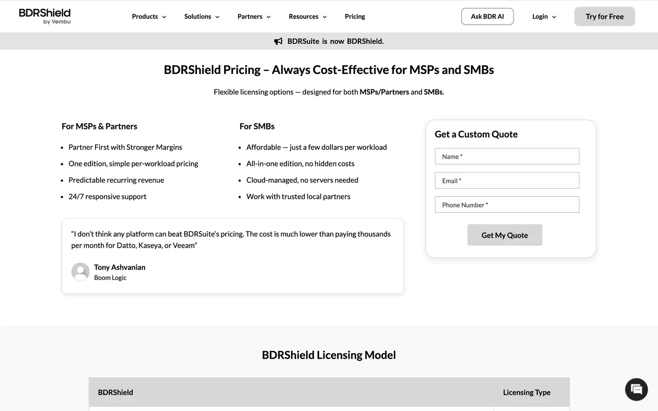 BDRShield pricing page - Database & Backend SaaS pricing tiers and plans