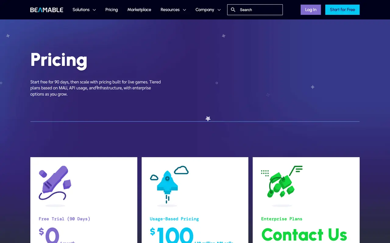 Beamable pricing page - Game Backend SaaS pricing tiers and plans