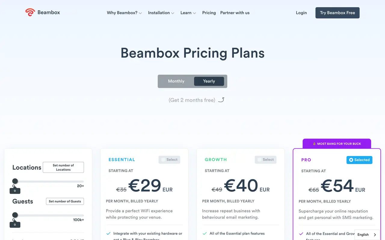 Beambox pricing page - Restaurants SaaS pricing tiers and plans