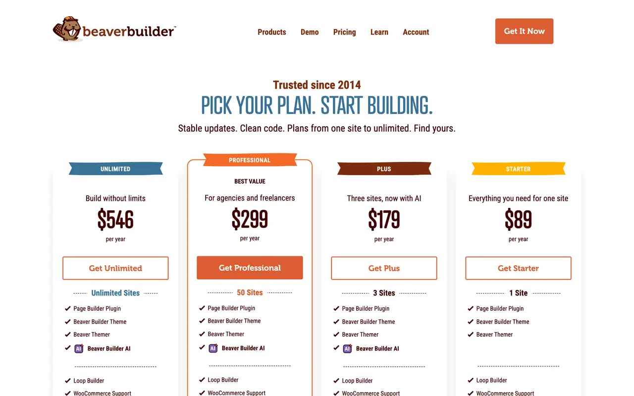 Beaver Builder pricing page - Website & CMS SaaS pricing tiers and plans