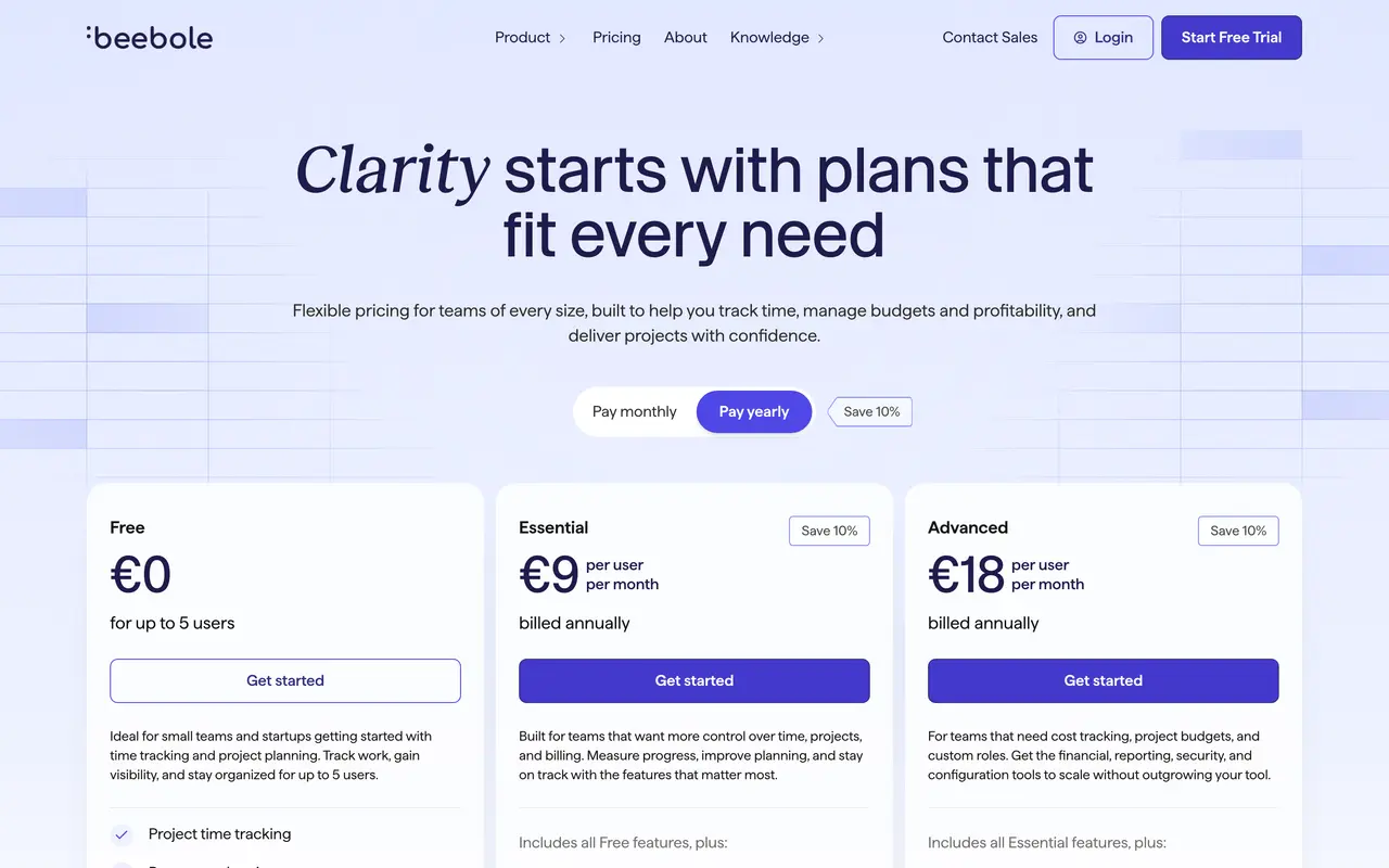 Beebole pricing page - Time Tracking & Invoicing SaaS pricing tiers and plans