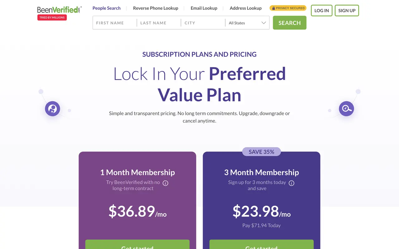 BeenVerified pricing page - Email & Newsletter SaaS pricing tiers and plans