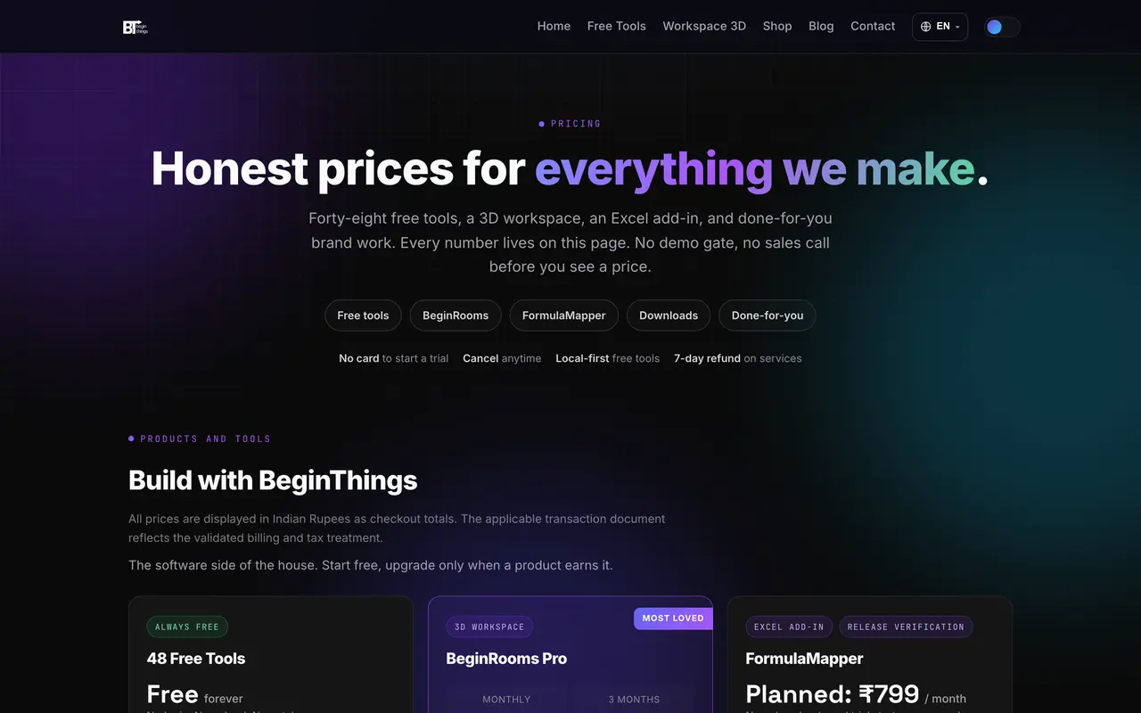BeginThings pricing page - Accounting & Tax SaaS pricing tiers and plans